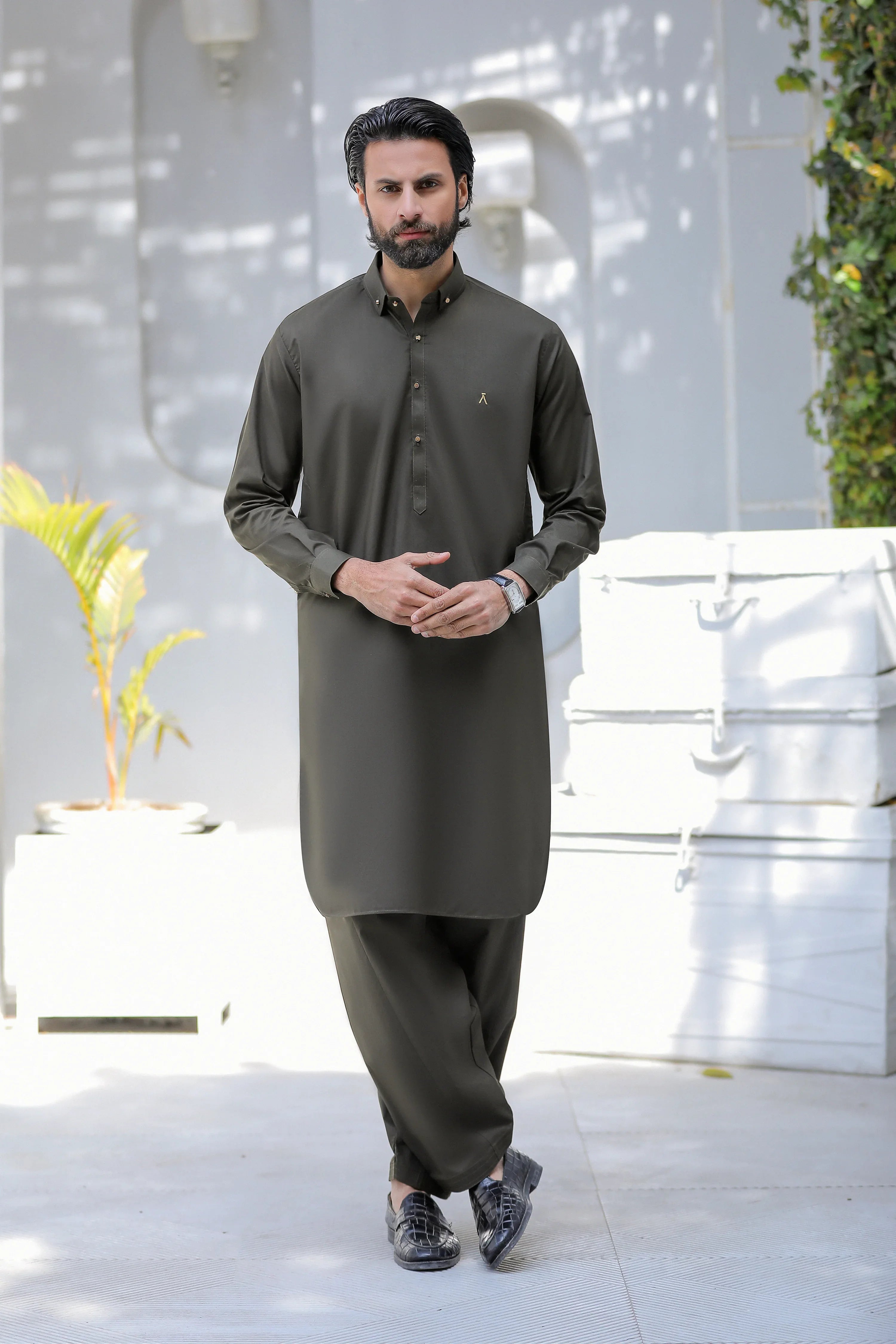 Stitched Signature Logo Shalwar Kameez With Golden Buttons for Men - Dark Green - A Man