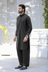 Stitched Signature Logo Shalwar Kameez With Golden Buttons for Men - Black - A Man