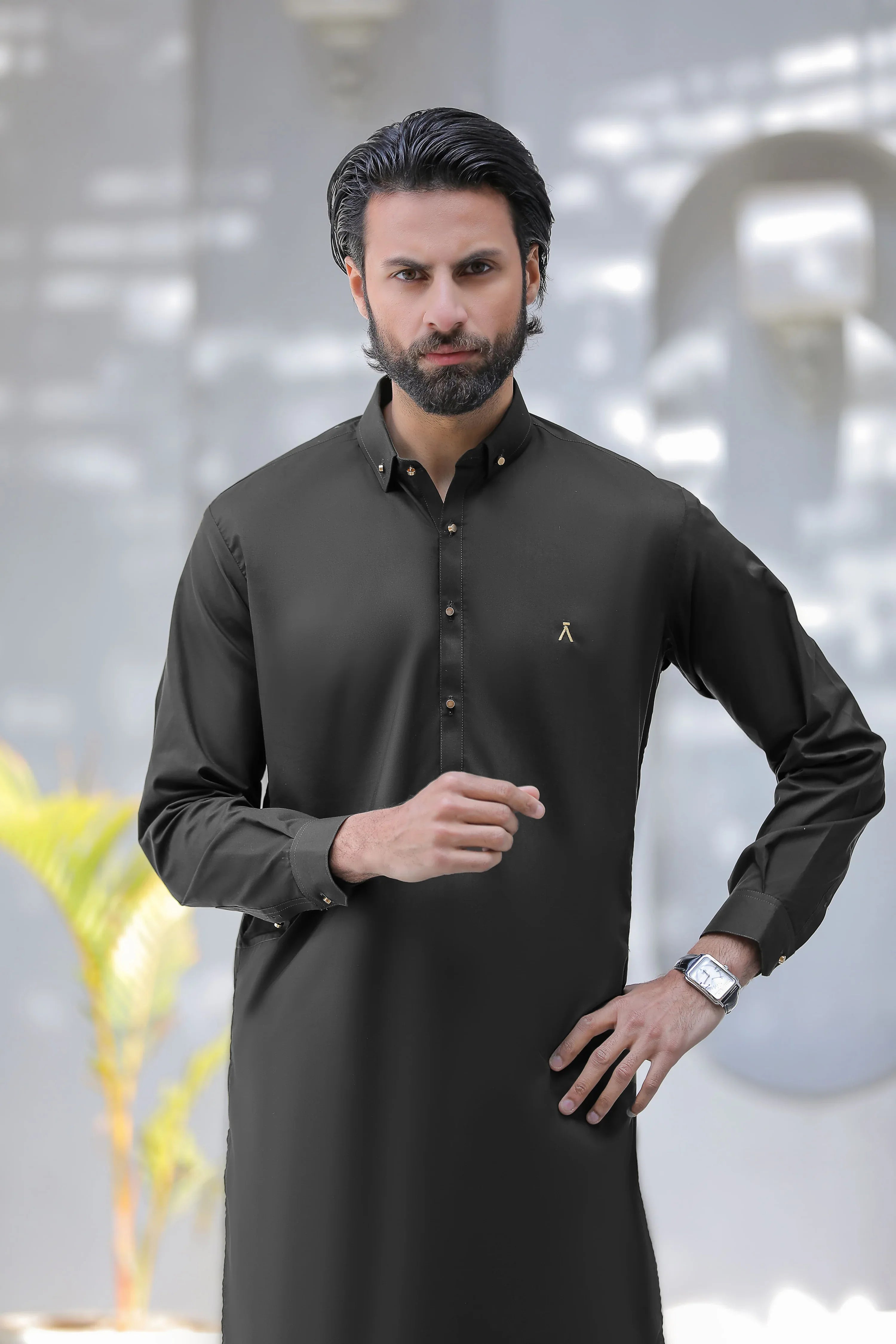 Stitched Signature Logo Shalwar Kameez With Golden Buttons for Men - Black - A Man