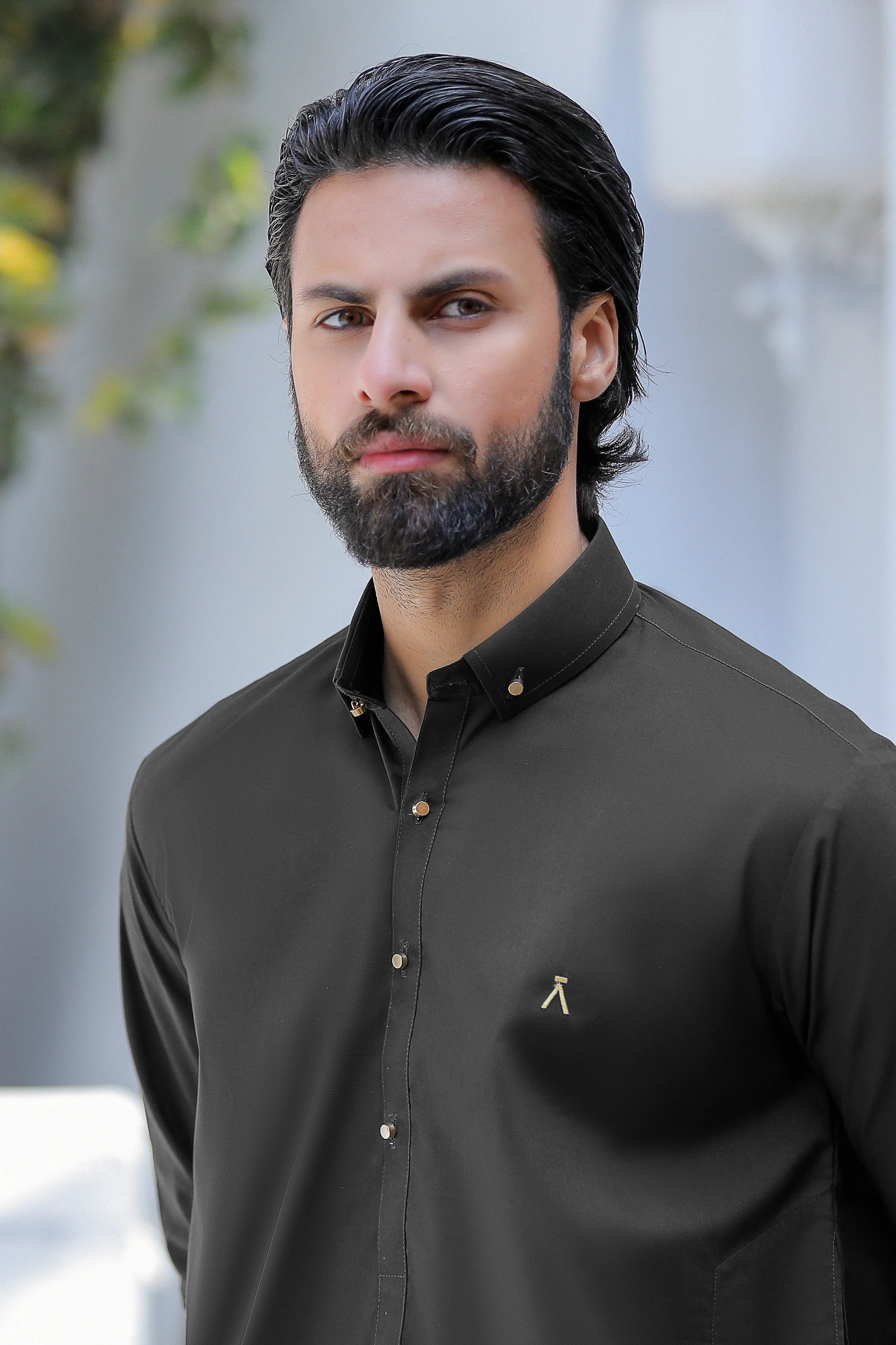 Stitched Signature Logo Shalwar Kameez With Golden Buttons for Men - Black - A Man