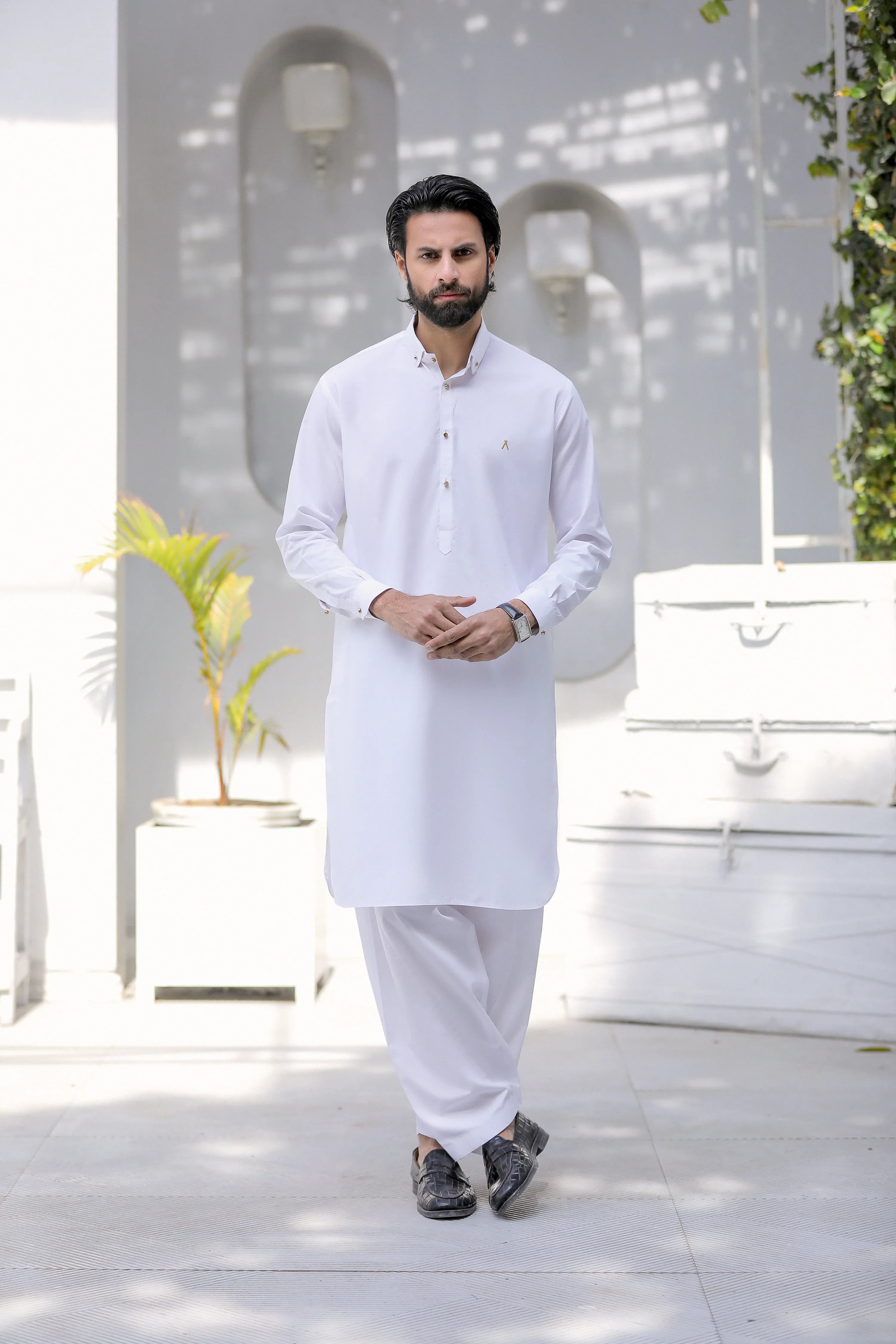 Stitched Signature Logo Shalwar Kameez With Golden Buttons for Men - Off White - A Man