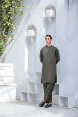 Stitched Cross Stitch Embroidered Kurta Shalwar for Men - Dark Olive - A Man