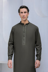 Stitched Cross Stitch Embroidered Kurta Shalwar for Men - Dark Olive - A Man