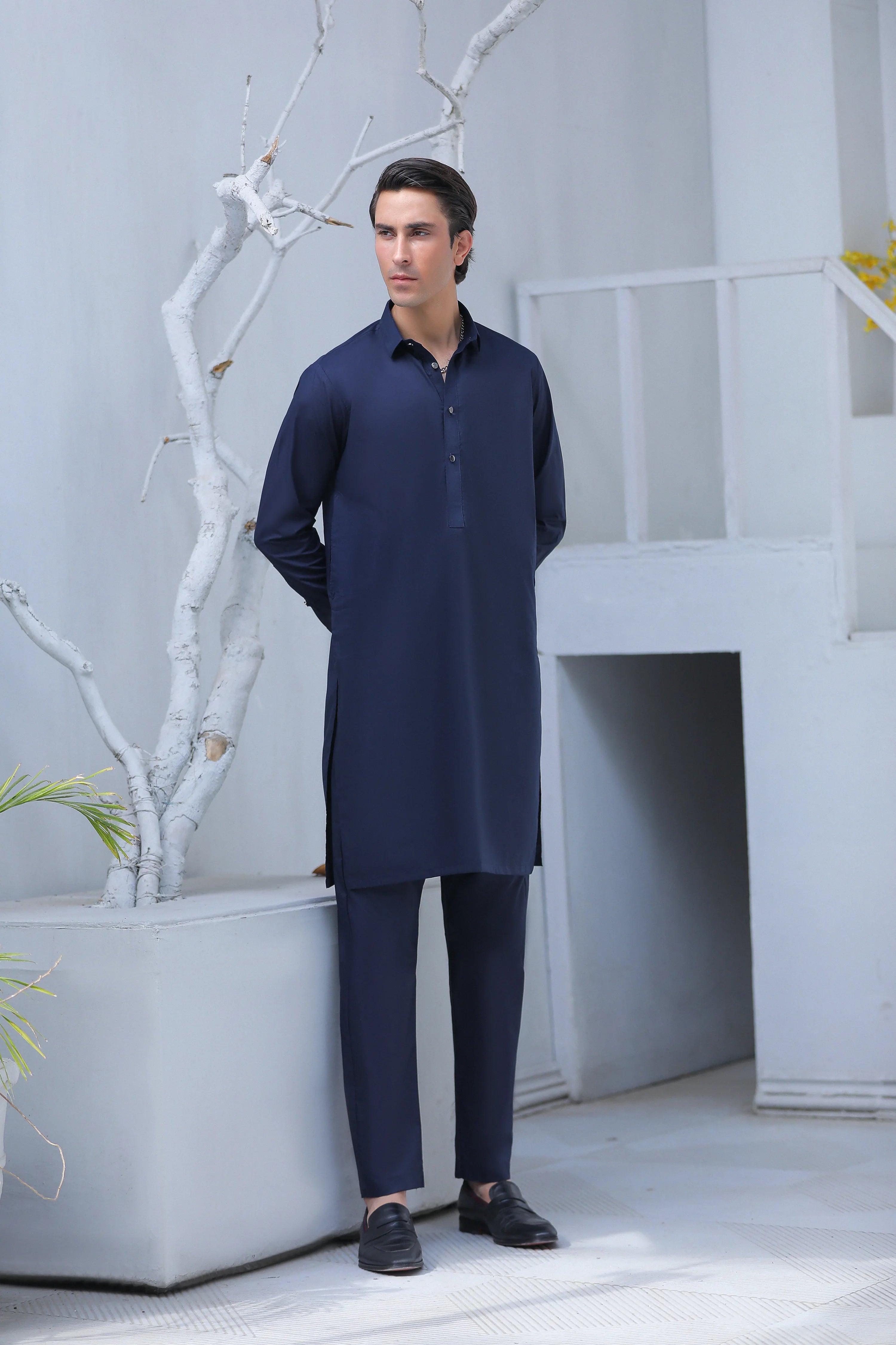 Stitched Collar Kurta With Matching Trouser for Men - Navy Blue - A Man