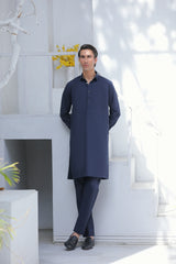 Stitched Collar Kurta With Matching Trouser for Men - Navy Blue - A Man