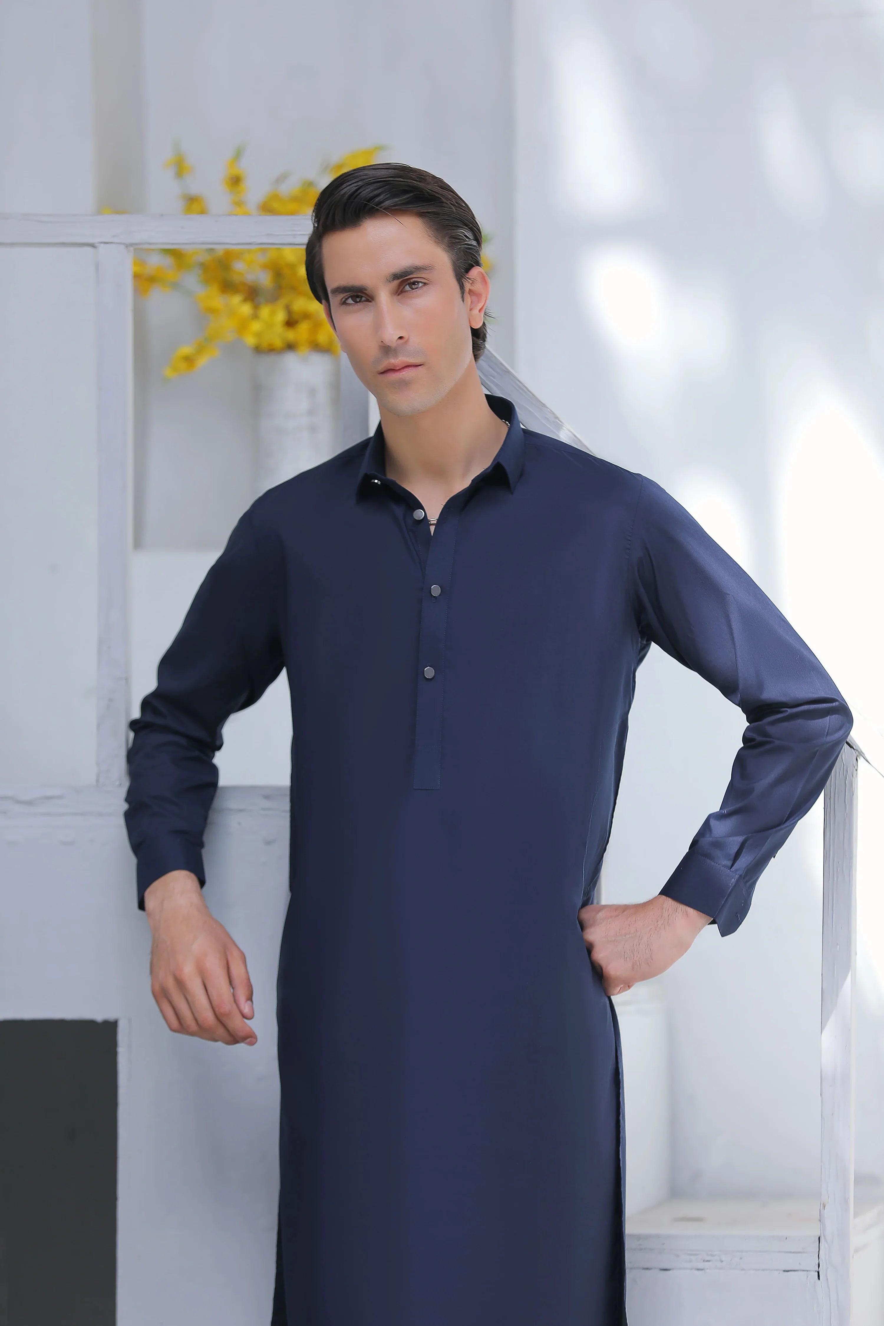 Stitched Collar Kurta With Matching Trouser for Men - Navy Blue - A Man