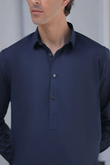 Stitched Collar Kurta With Matching Trouser for Men - Navy Blue - A Man