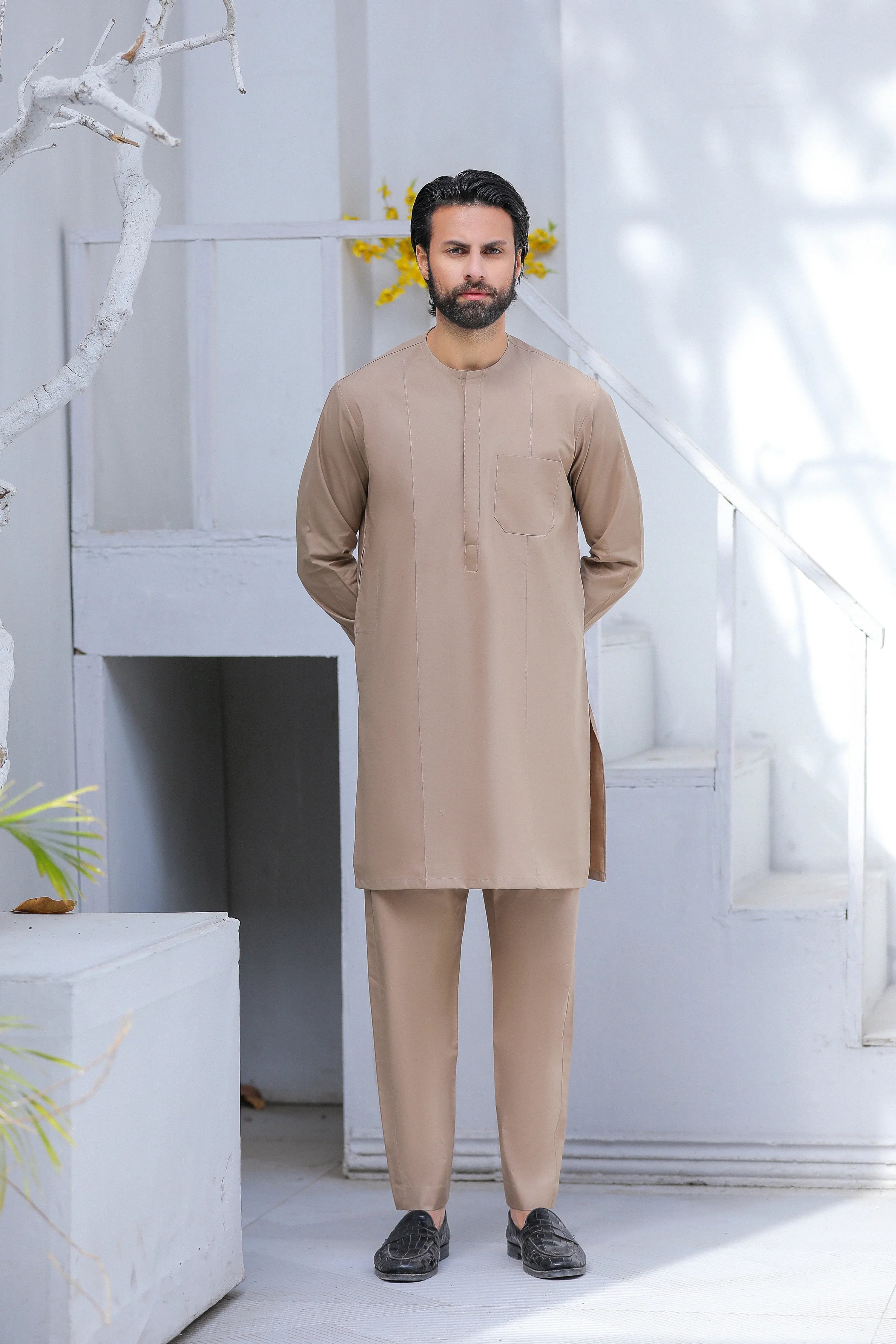 Stitched Ban Less Short Kurta Trouser With Front Pleats for Men - Beige - A Man