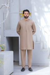 Stitched Ban Less Short Kurta Trouser With Front Pleats for Men - Beige - A Man