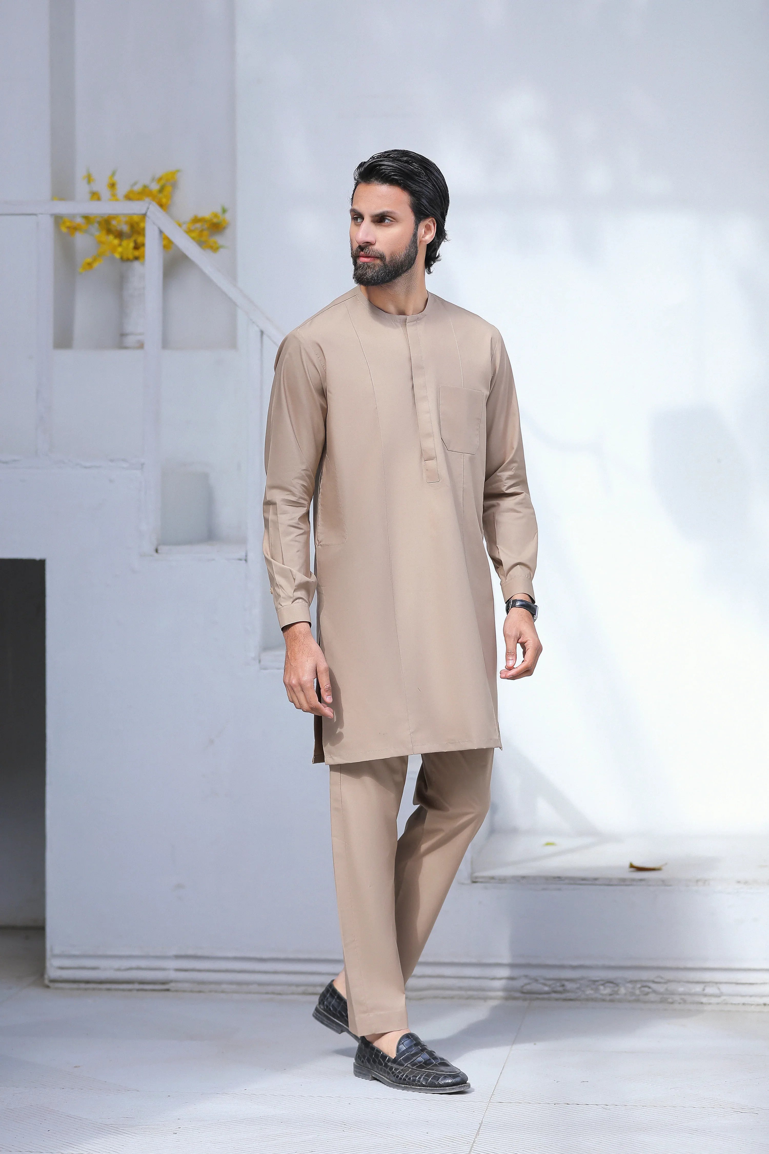 Stitched Ban Less Short Kurta Trouser With Front Pleats for Men - Beige - A Man