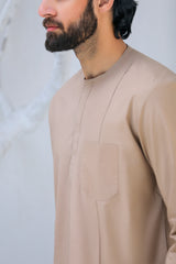 Stitched Ban Less Short Kurta Trouser With Front Pleats for Men - Beige - A Man