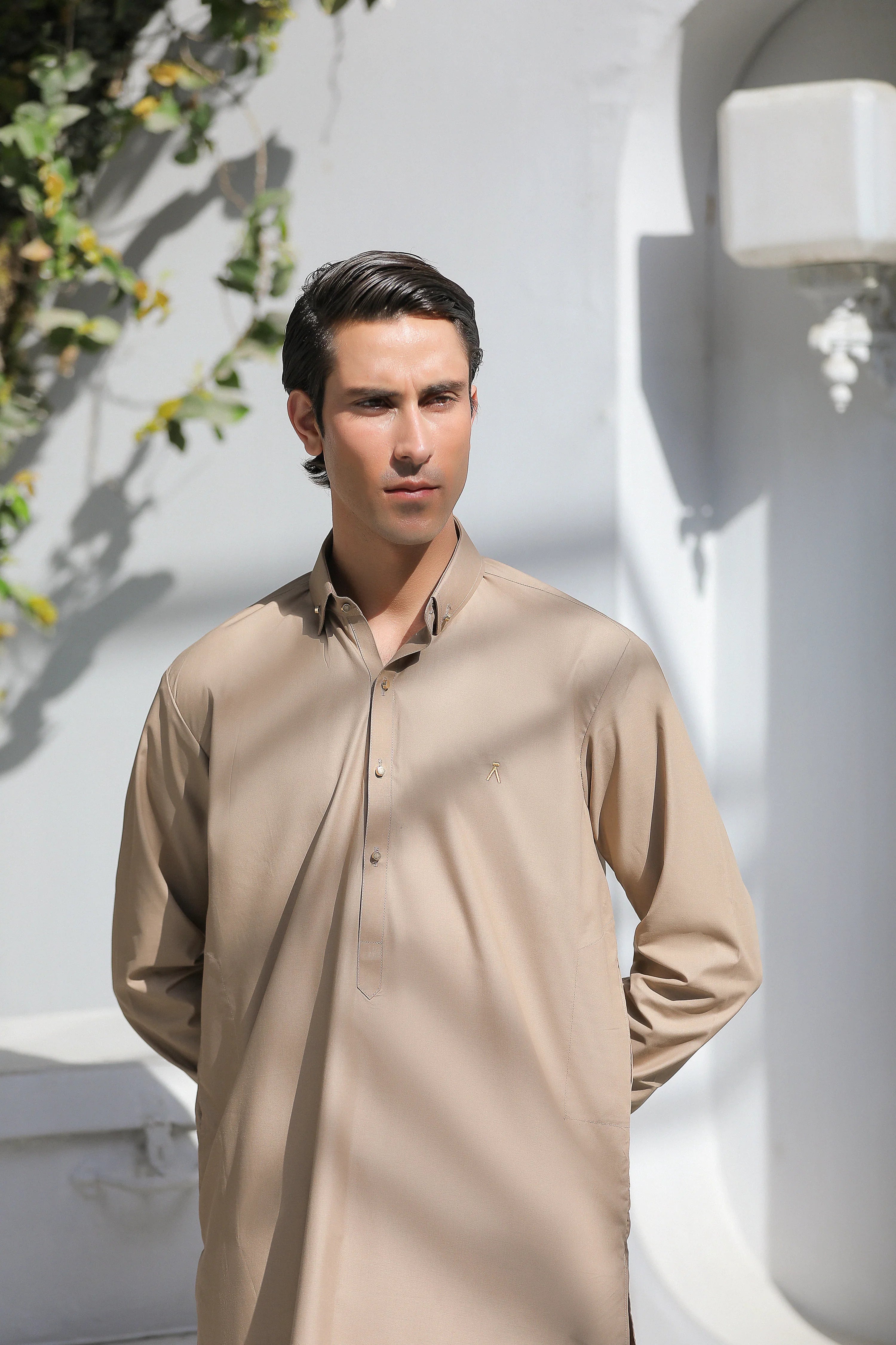 Stitched Signature Logo Shalwar Kameez With Golden Button for Men - Light Brown - A Man