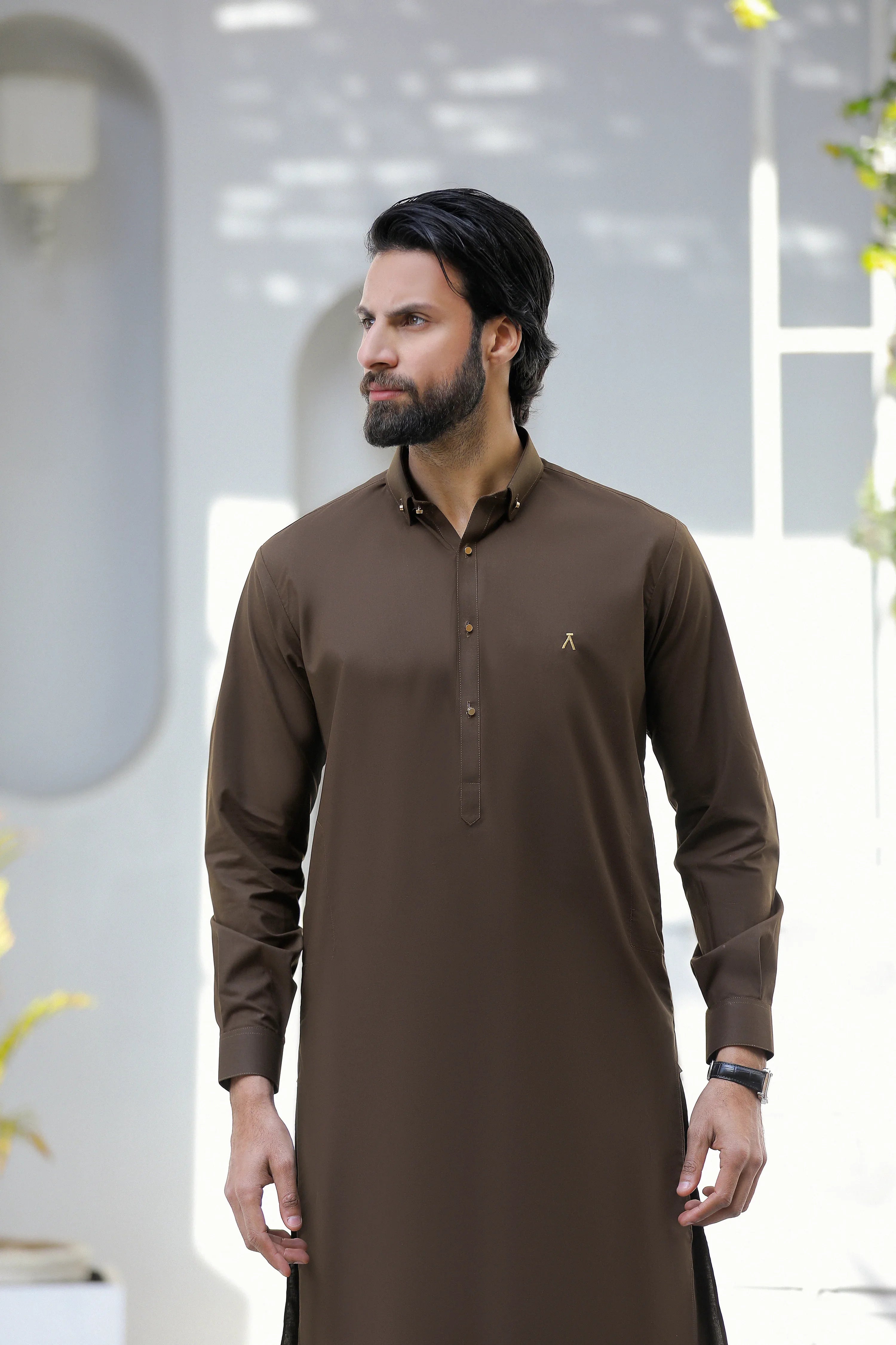 Stitched Signature Logo Shalwar Kameez With Golden Buttons for Men - Chocolate - A Man