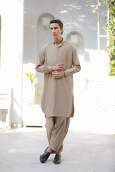 Stitched Signature Logo Shalwar Kameez With Golden Button for Men - Light Brown - A Man