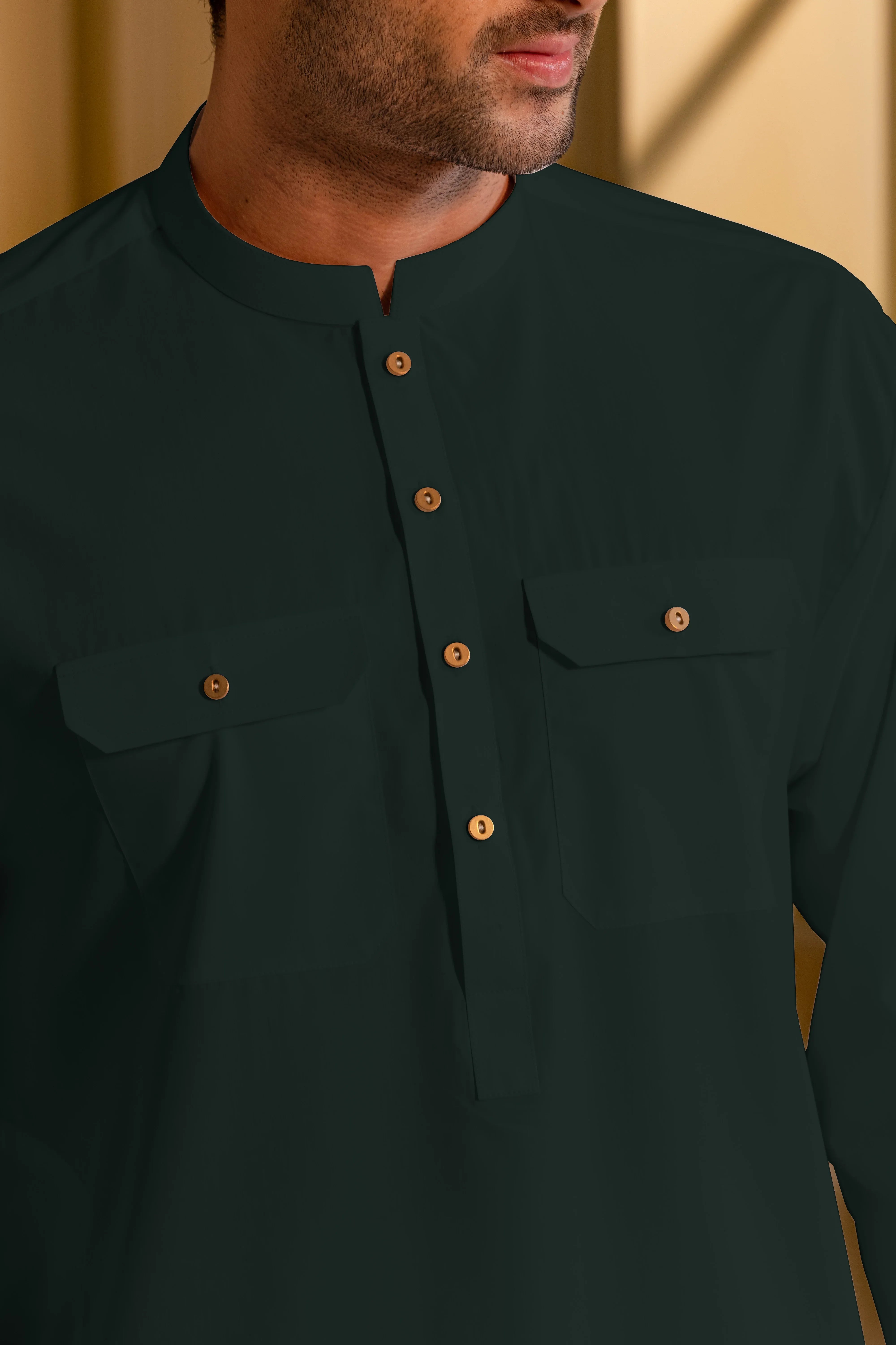 Stitched Double Pocket Boski Kurta Trouser With Contrast Metal Buttons for Men - Off White | Black | Bottle Green - A Man