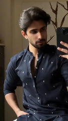 Stitched Embroidered Kurta With Trouser for Men - Navy Blue - A Man