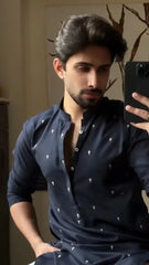 Stitched Embroidered Kurta With Trouser for Men - Navy Blue - A Man