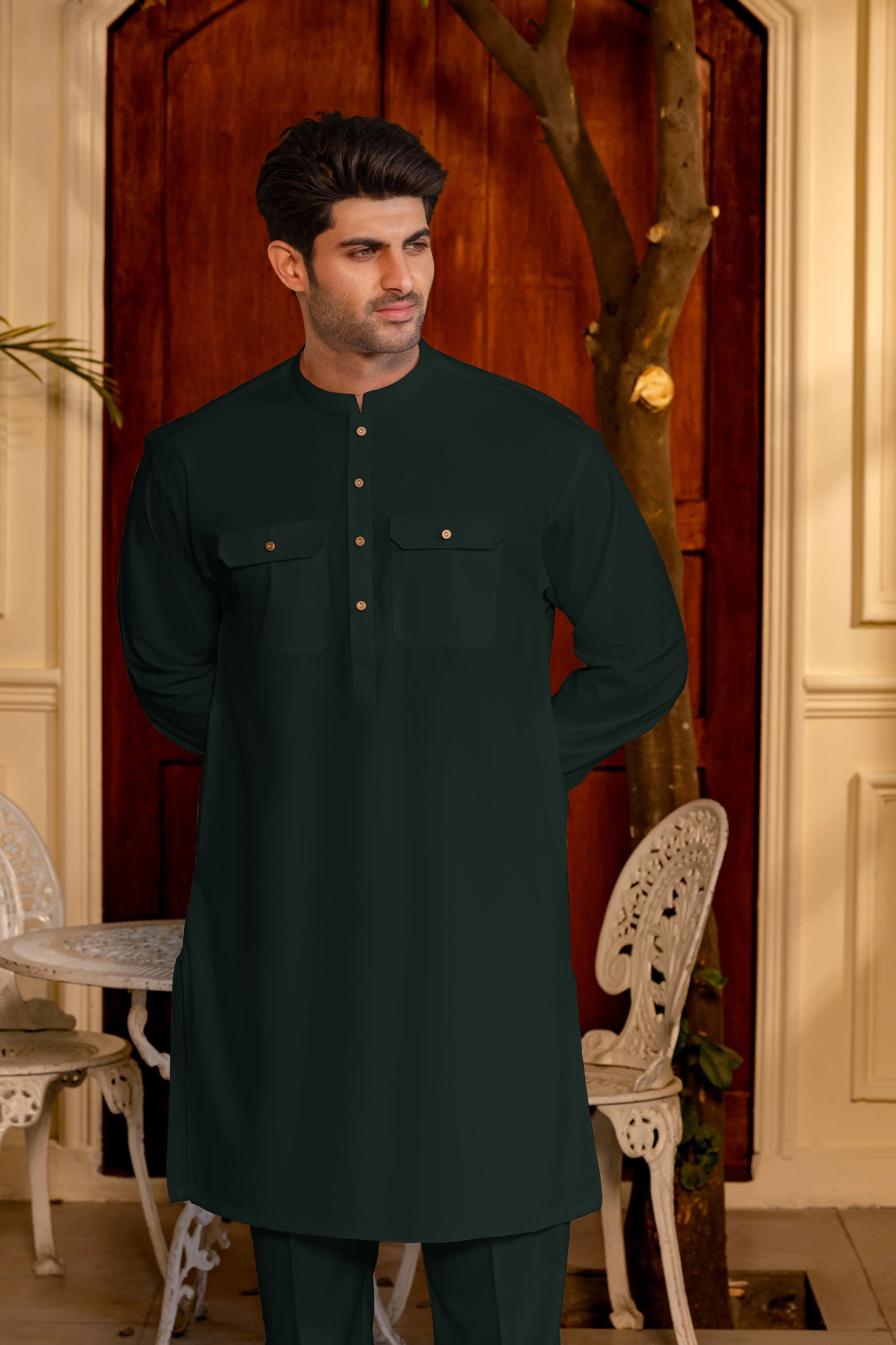 Stitched Double Pocket Boski Kurta Trouser With Contrast Metal Buttons for Men - Off White | Black | Bottle Green - A Man
