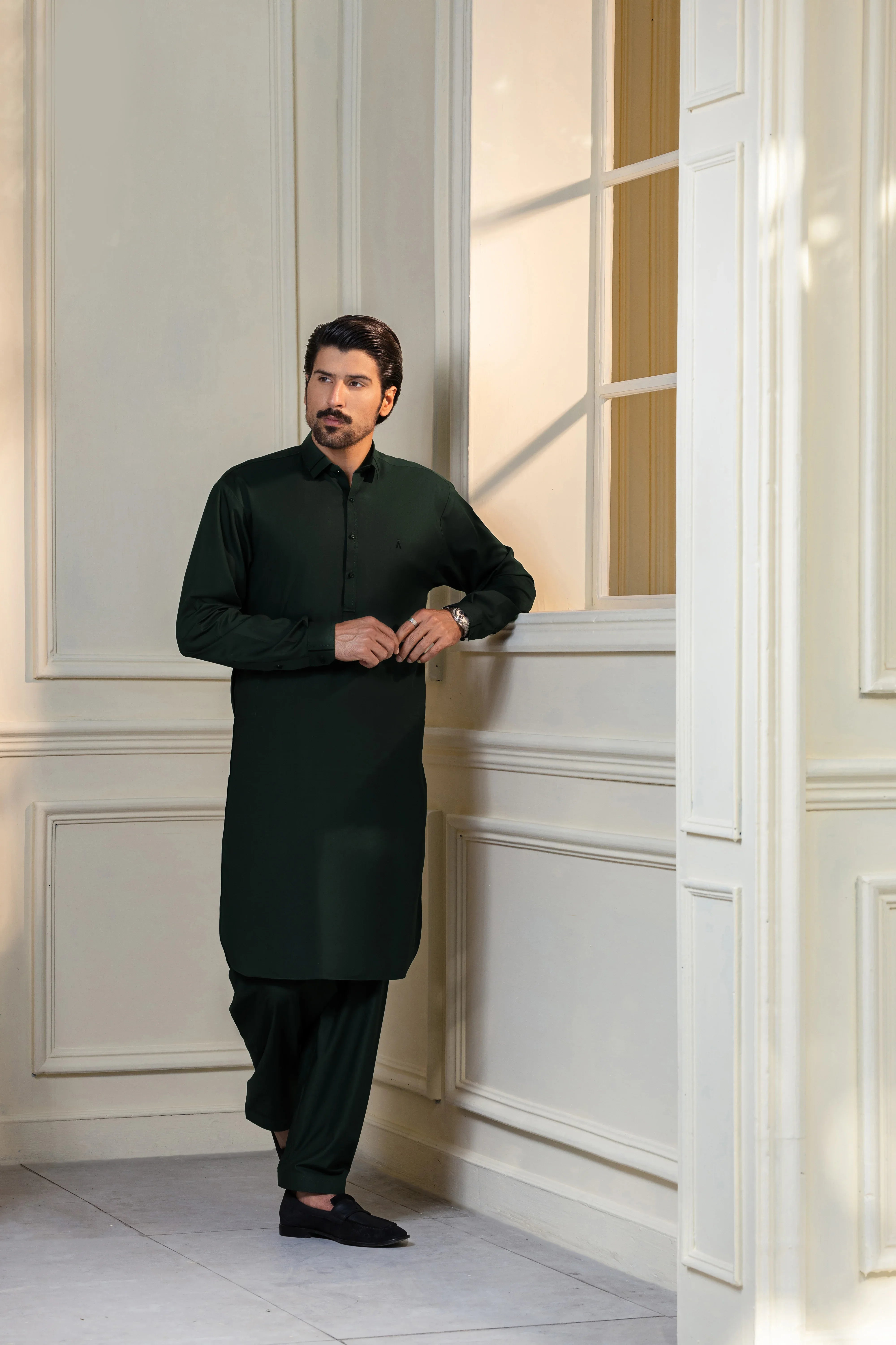 Stitched Collar Kameez Shalwar for Men - Bottle Green - A Man