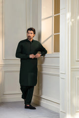 Stitched Collar Kameez Shalwar for Men - Bottle Green - A Man