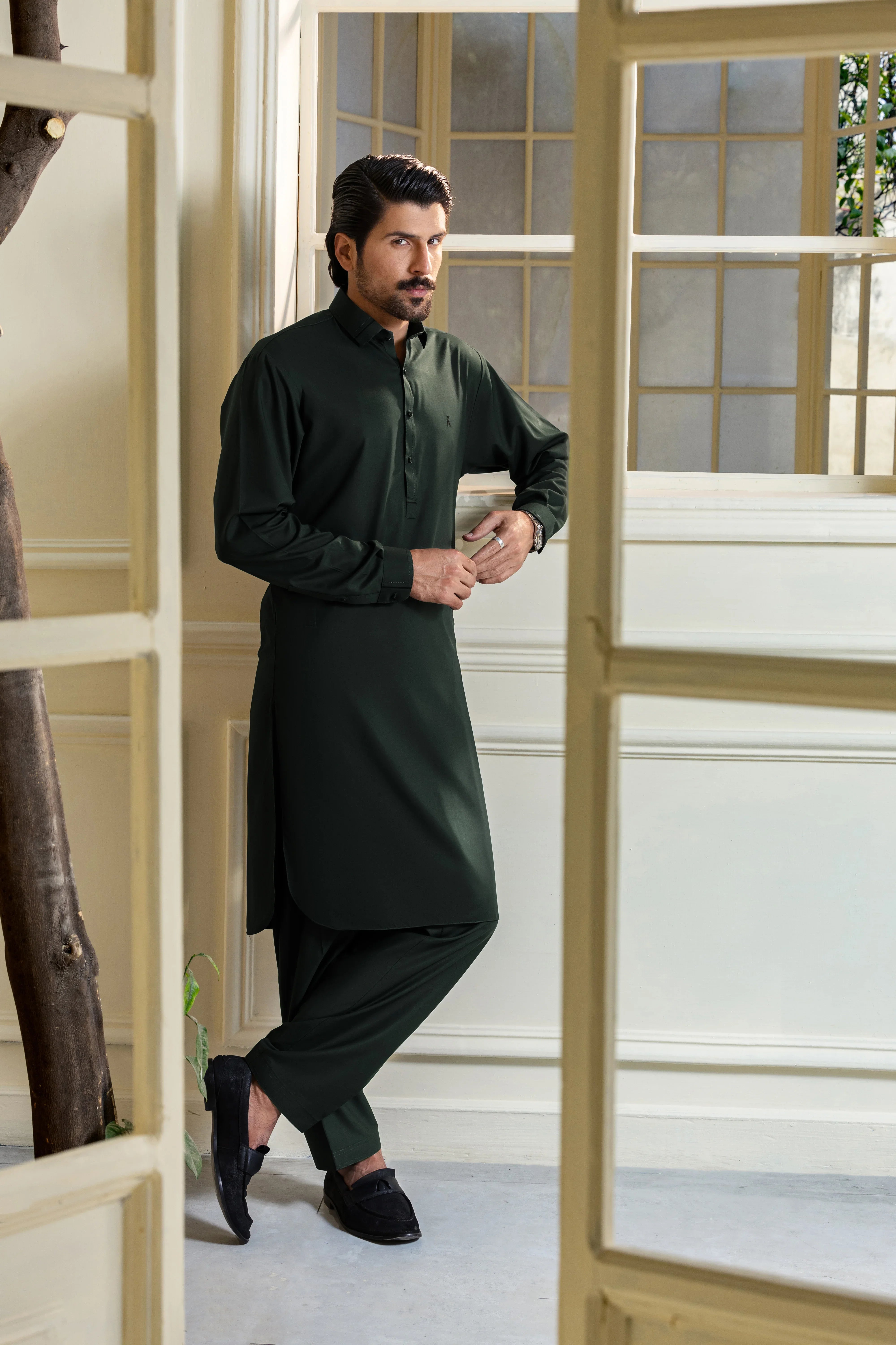 Stitched Collar Kameez Shalwar for Men - Bottle Green - A Man