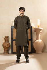 Premium Embroidered Kurta Trouser - Olive Green