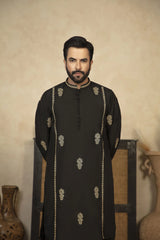 Premium Embroidered Kameez Shalwar With Golden Thread Detailing - Black - A Man