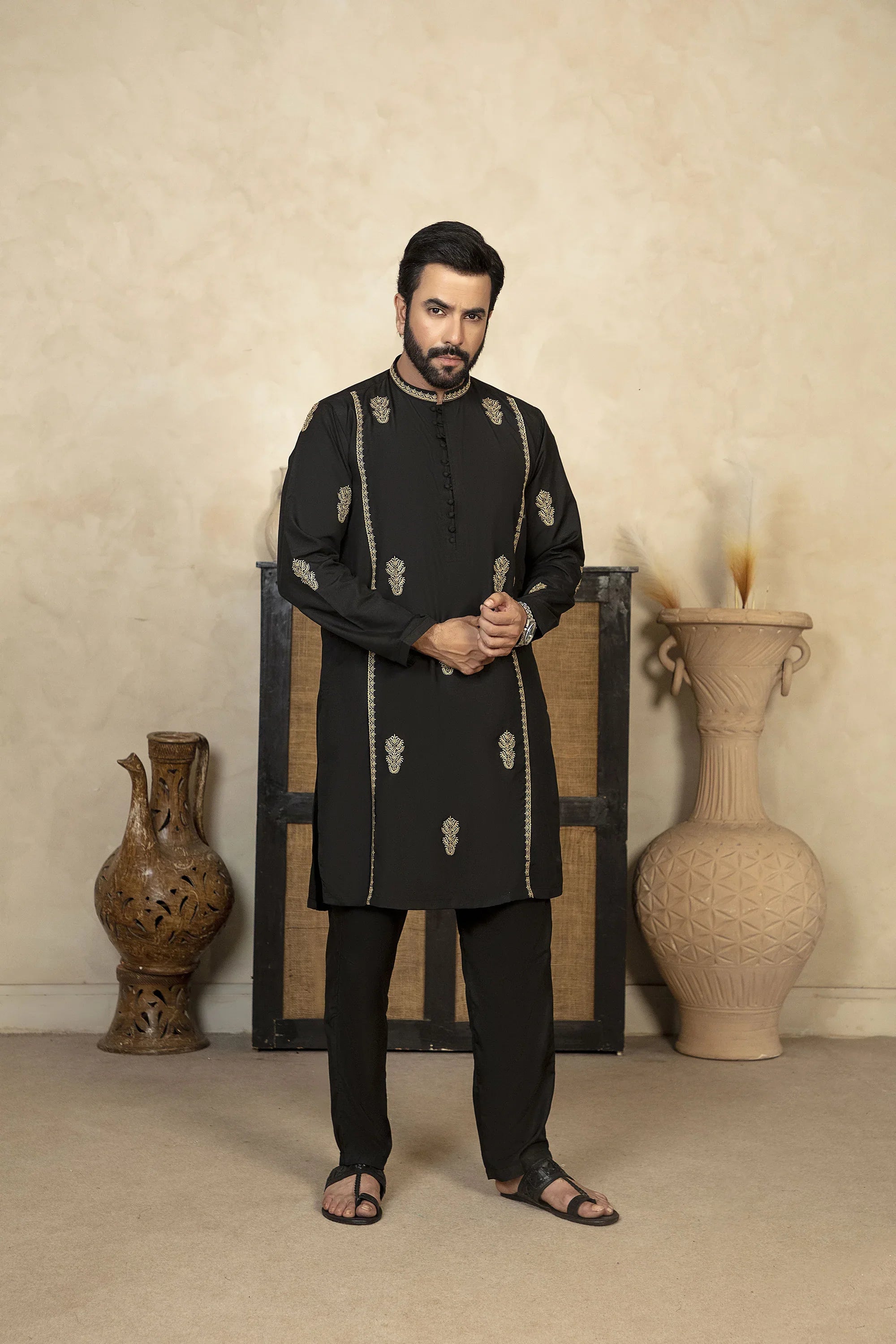 Premium Embroidered Kameez Shalwar With Golden Thread Detailing - Black - A Man