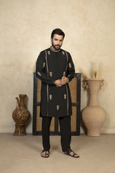 Premium Embroidered Kameez Shalwar With Golden Thread Detailing - Black - A Man