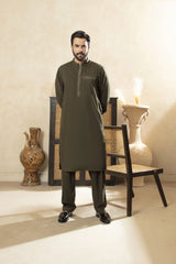 Premium Kameez Shalwar With Embroidered Placket & Pocket - Olive Green - A Man