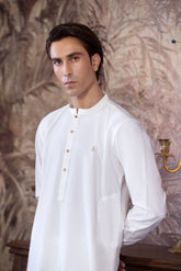 Stitched Blended Kurta Trouser With Copper Metal Buttons for Men - Off White - A Man