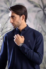 Stitched Button Down Collar Shalwar Kameez for Men - Navy Blue - A Man