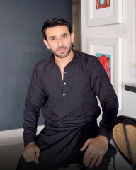 Stitched Double Collar Kameez Shalwar With Silver Square Metal Buttons for Men - Black - A Man