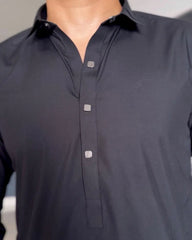 Stitched Double Collar Kameez Shalwar With Silver Square Metal Buttons for Men - Black - A Man
