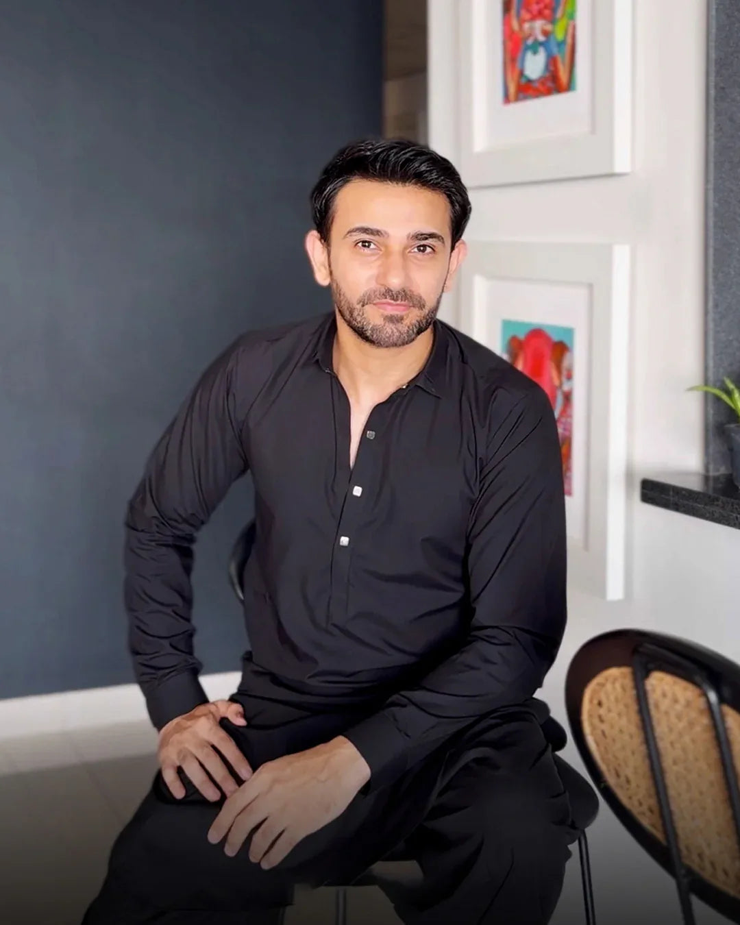 Stitched Double Collar Kameez Shalwar With Silver Square Metal Buttons for Men - Black - A Man