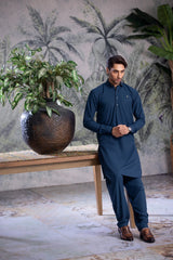 Stitched Elegant Collar Kameez Shalwar With Logo for Men - Zinc - A Man
