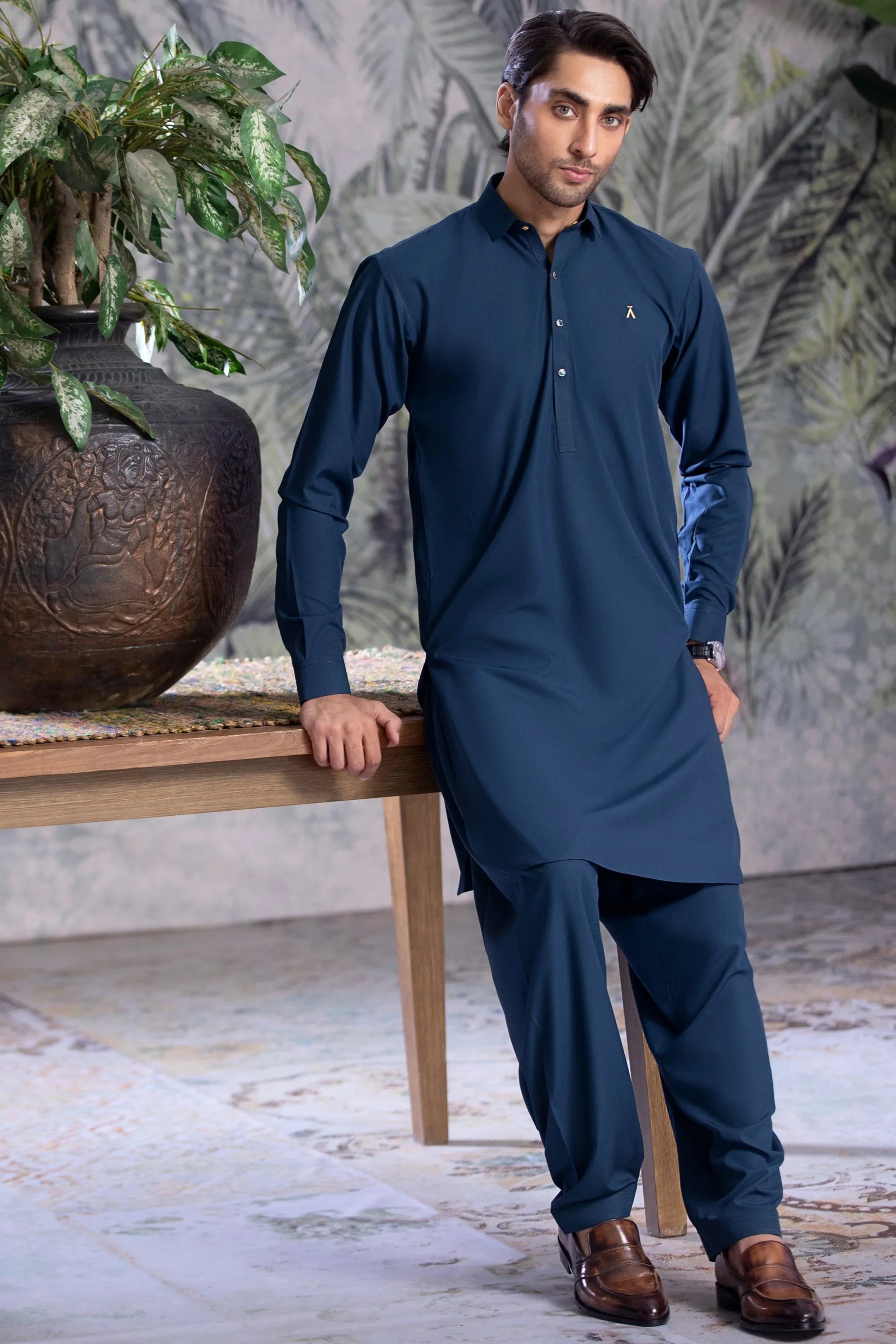 Stitched Elegant Collar Kameez Shalwar With Logo for Men - Zinc - A Man