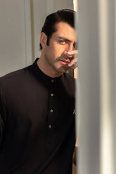 Stitched Full Ban Kameez Shalwar With A MAN Logo Golden Buttons for Men - Royal Black - A Man
