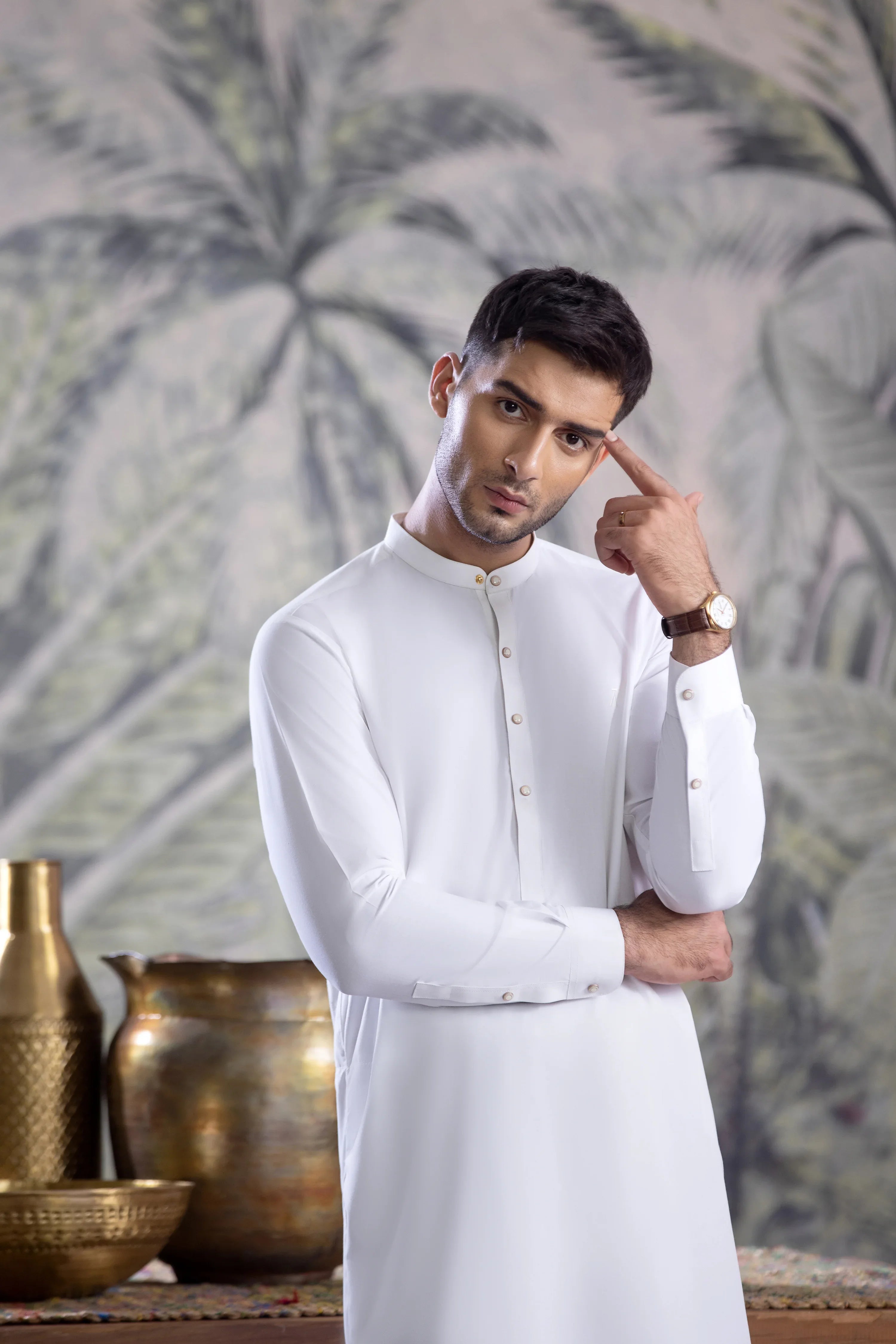 Stitched Full Ban Kurta Shalwar With Contrast Metal Buttons for Men - Off White - A Man