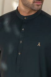 Stitched Full Ban Kurta Shalwar With Golden Accents for Men - Fern Green - A Man
