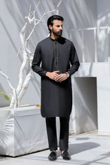 Stitched Golden Contrast Embroidered Kurta Trouser for Men - Black - A Man