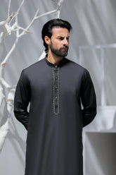 Stitched Golden Contrast Embroidered Kurta Trouser for Men - Black - A Man