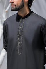 Stitched Golden Contrast Embroidered Kurta Trouser for Men - Black - A Man