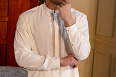 Stitched Kashmiri Embroidered Premium Boski Kameez With Matching Shalwar for Men - Cream - A Man