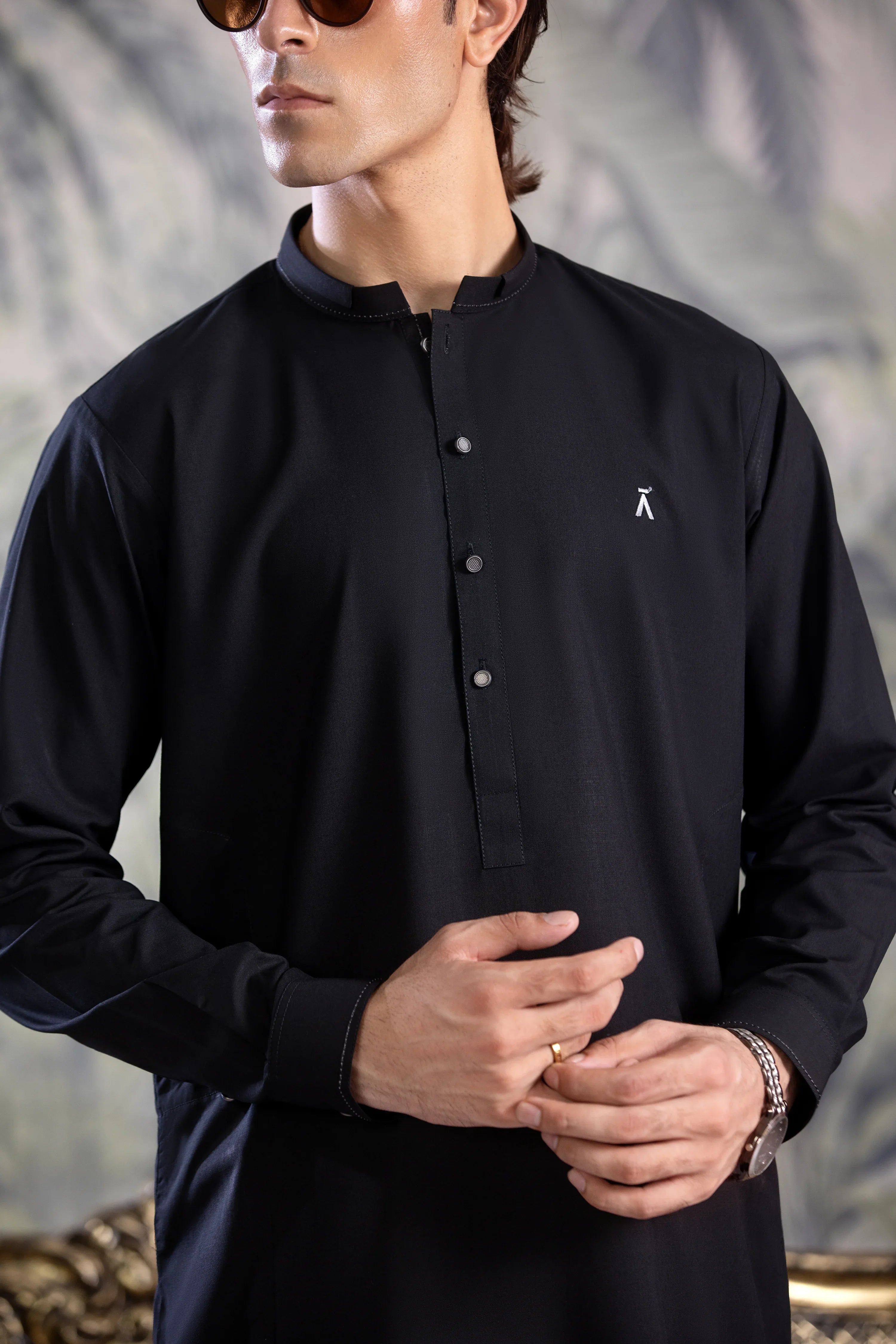 Stitched Kurta Shalwar With Contrast Detailing for Men - Black - A Man