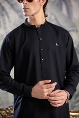 Stitched Kurta Shalwar With Contrast Detailing for Men - Black - A Man
