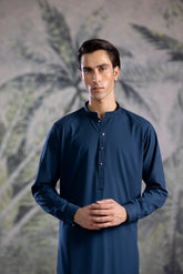 Stitched Kurta Trouser With Golden Metal Buttons & Thread Details for Men - Teal Blue - A Man