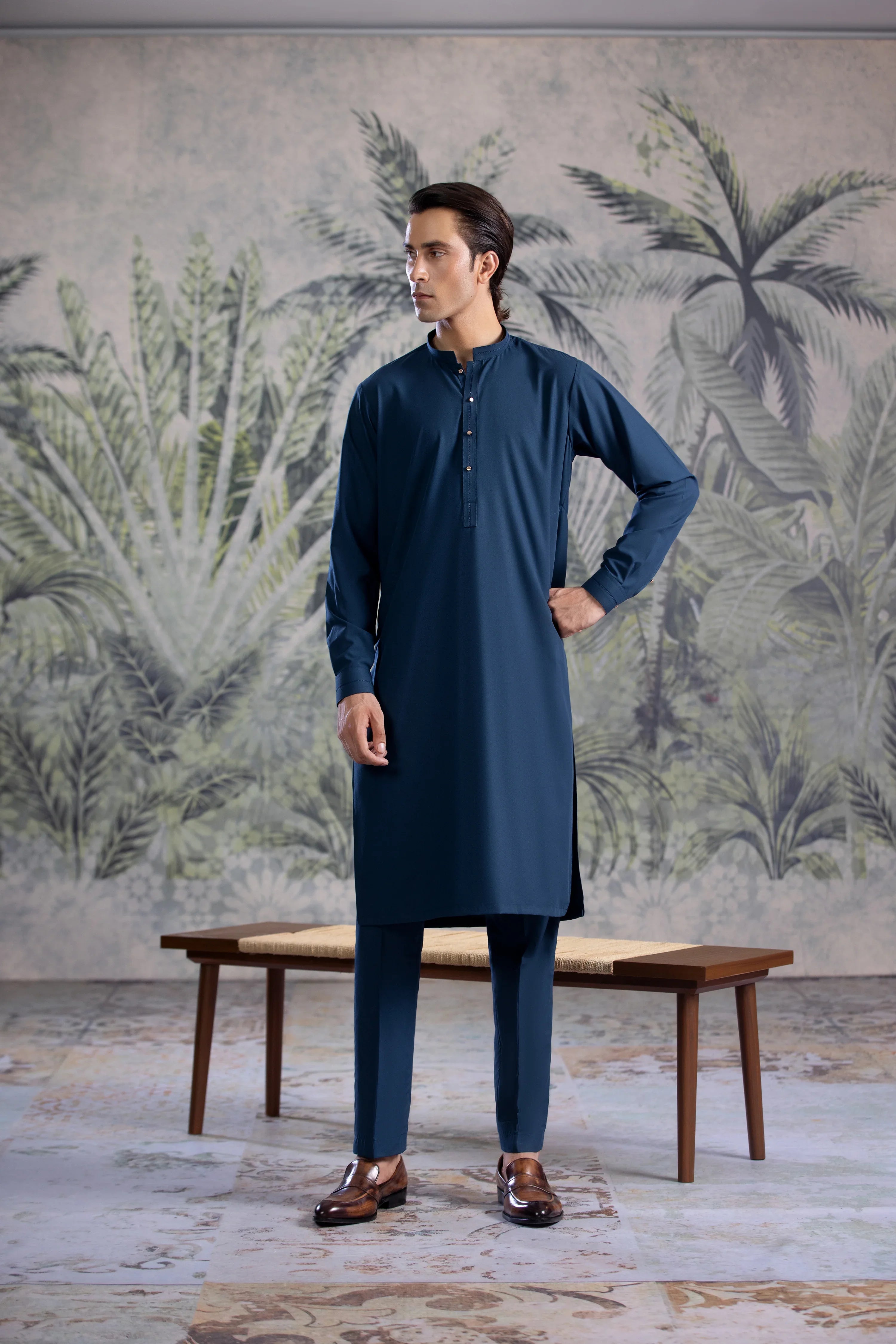 Stitched Kurta Trouser With Golden Metal Buttons & Thread Details for Men - Teal Blue - A Man