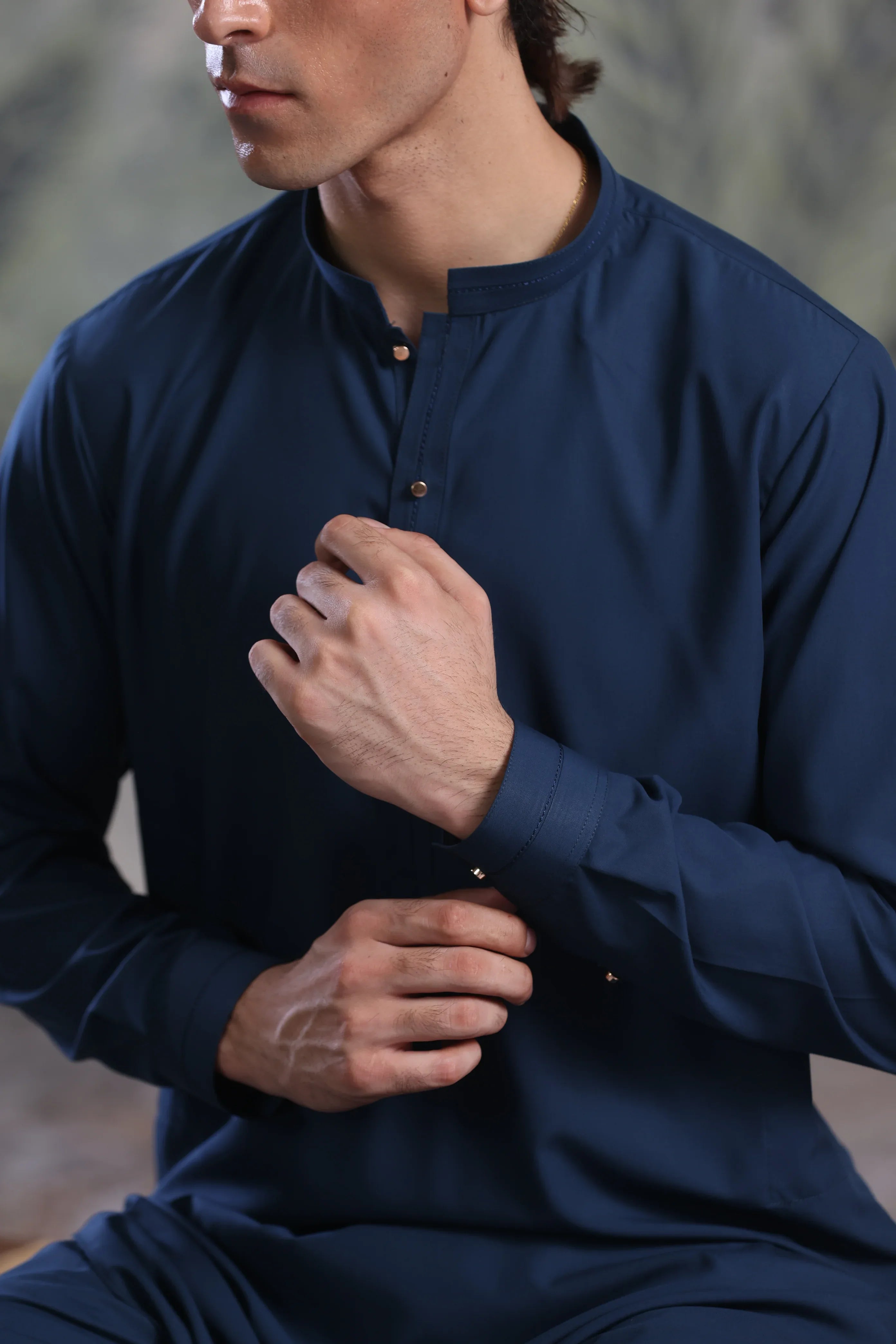 Stitched Kurta Trouser With Golden Metal Buttons & Thread Details for Men - Teal Blue - A Man