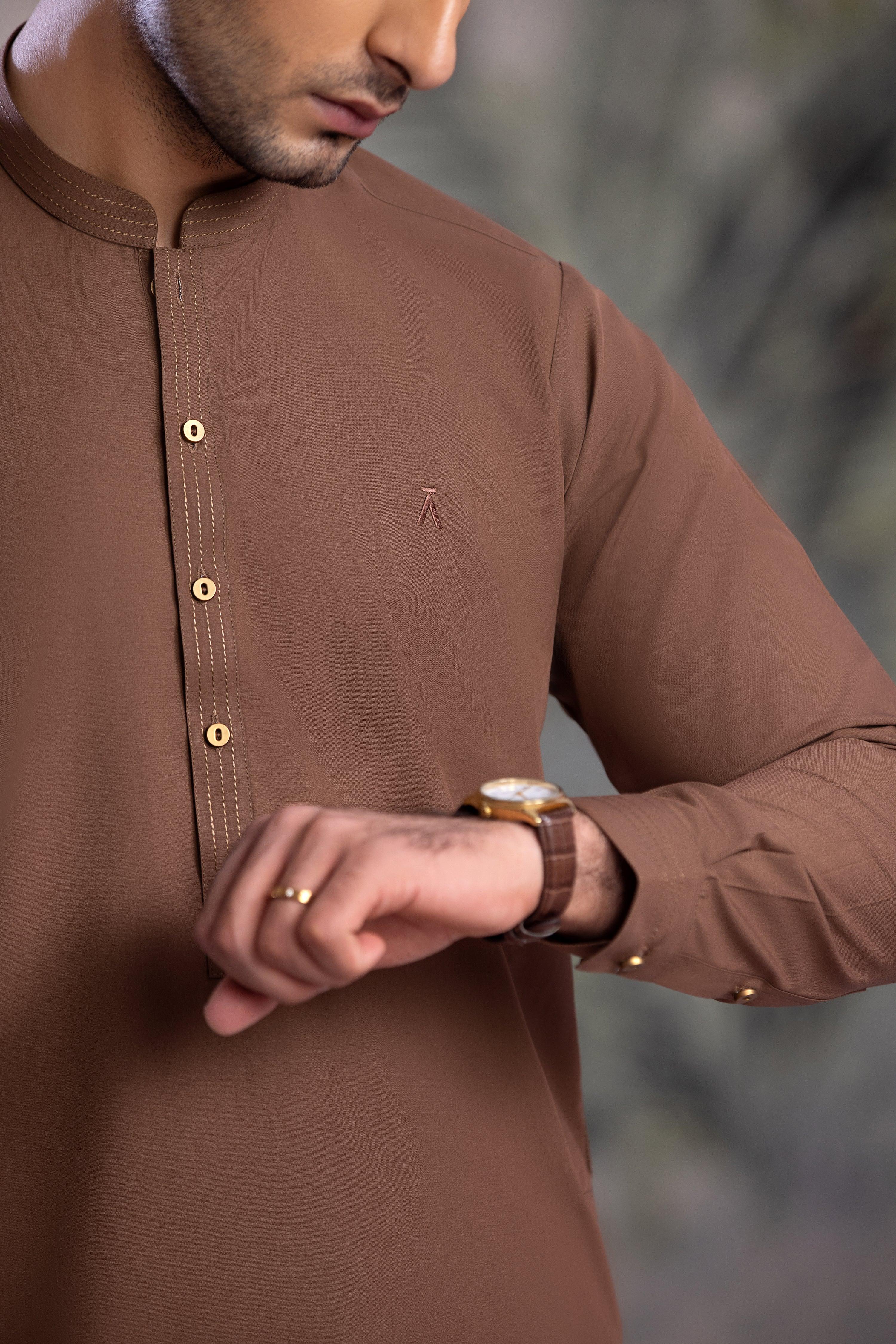 Stitched Kurta Trouser With Thread Detailing for Men - Coffee Brown - A Man